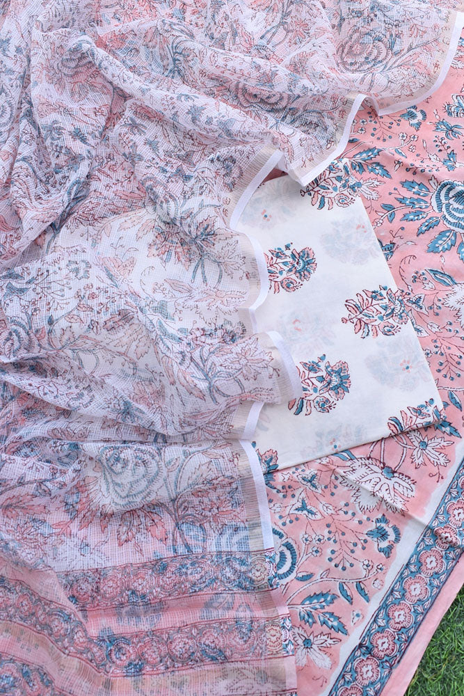 Beautiful Hand Block Printed Cotton unstitched suit fabric with Kota Doria Dupatta