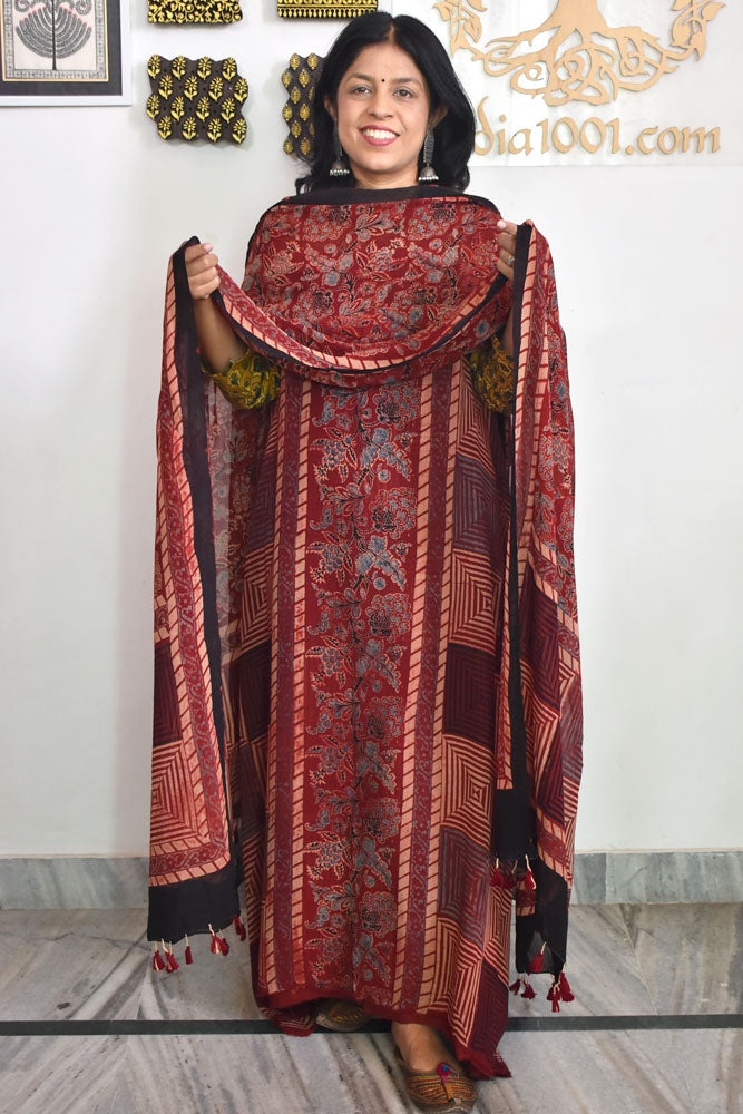 Ajrakh Hand Block Print Georgette Dupatta & Georgette Kurta Fabric
