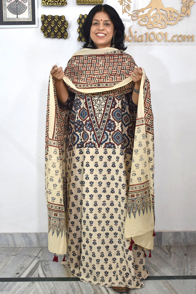 Block Print Ajrakh Cotton Suit with designer Ajrakh neck yoke /panel & Dupatta