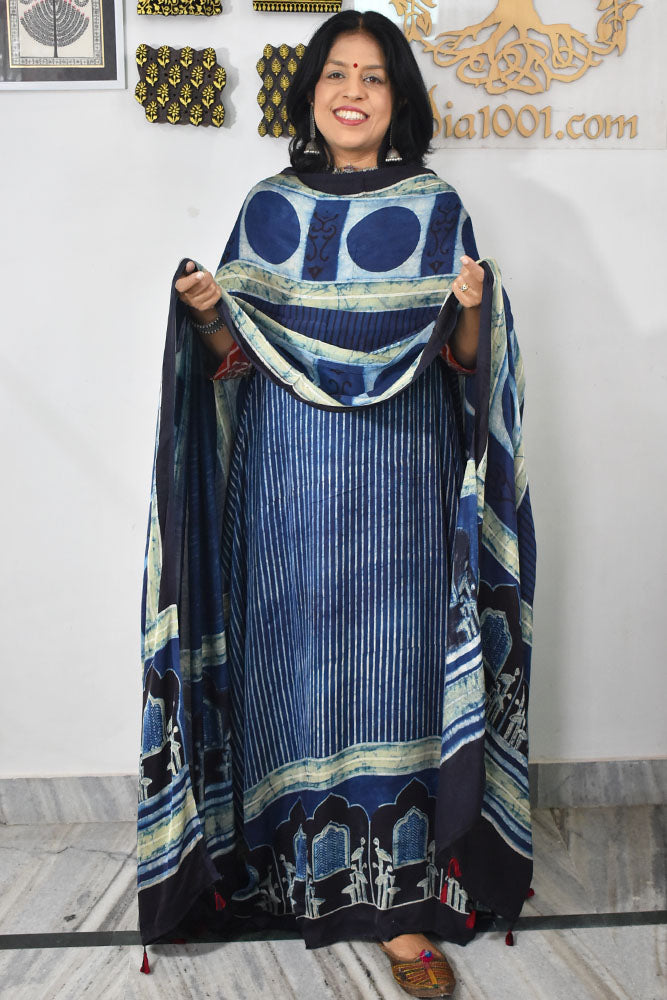 Designer Ajrakh Modal silk Kurta and Dupatta Set with Neck yoke and panel design