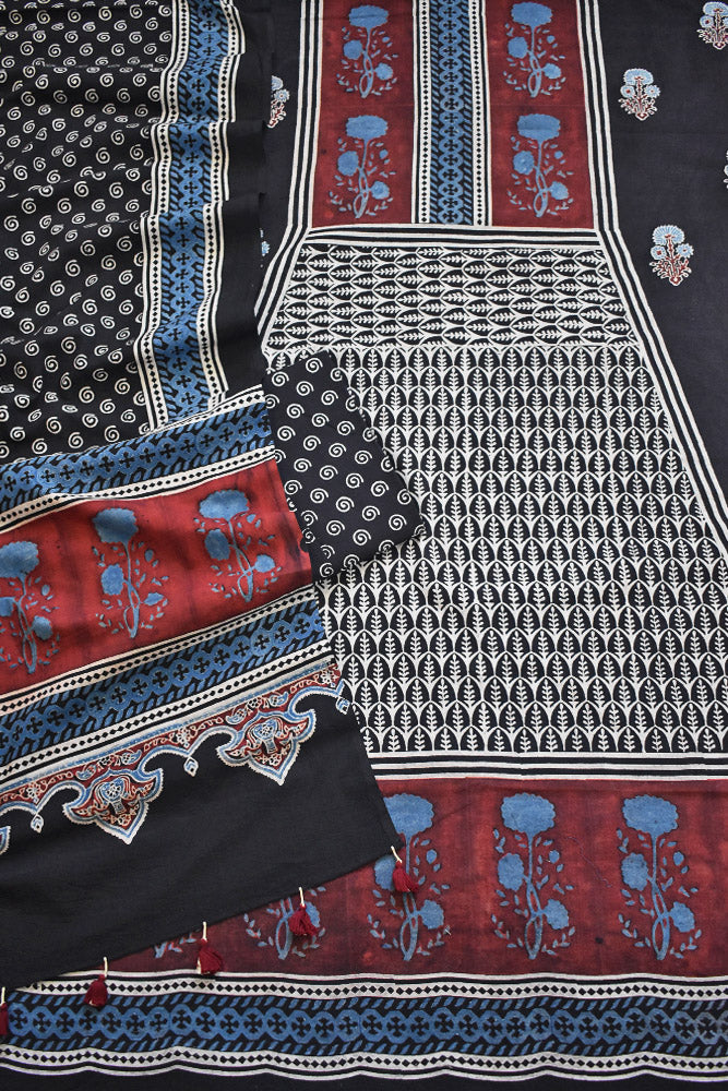 Block Print Ajrakh Cotton Suit with designer Ajrakh neck yoke /panel & Dupatta