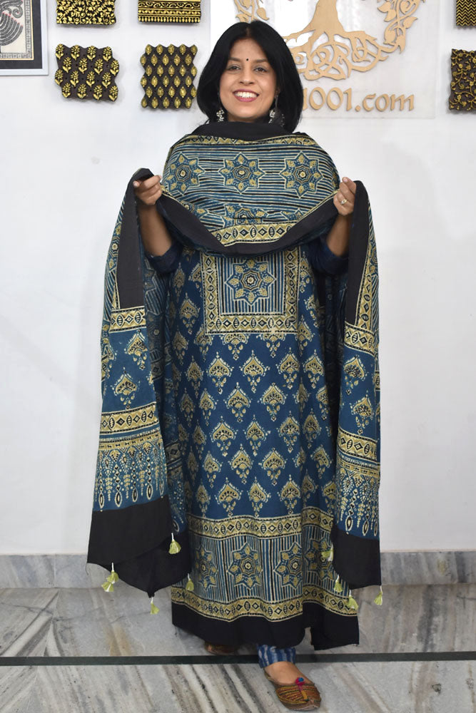 Block Print Ajrakh Cotton Suit with designer Ajrakh neck yoke /panel & Dupatta