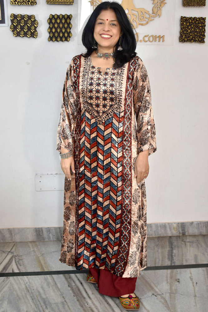 Beautiful Ajrakh Velvet Hand Block Print kurta , Size 38 to 46