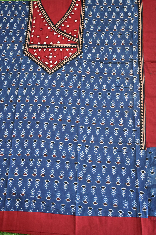 Designer Ajrakh Cotton Short Kurta Fabric with Kutch Mirror Work patch