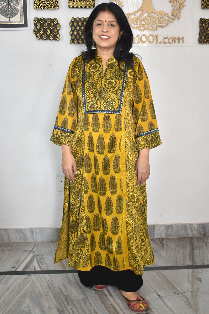 Beautiful Mashru Silk Kurta with Ajrakh block print - Size 40 - 48
