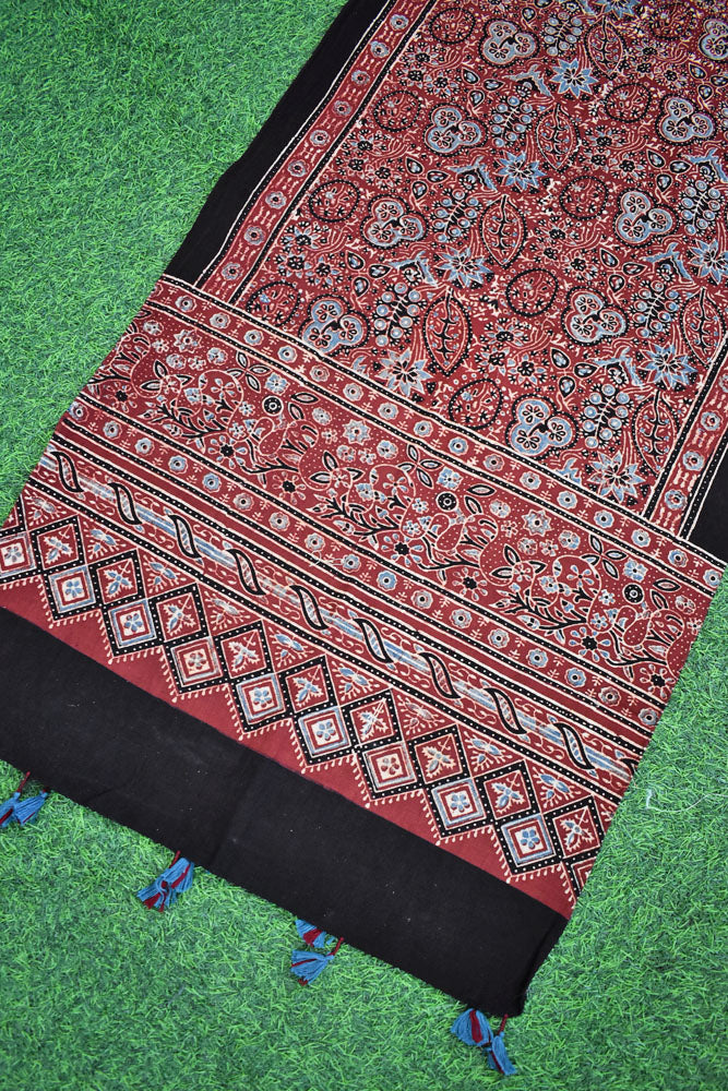 Ajrakh Hand Block Printed Khadi Cotton Stole with Tassels & natural dyes
