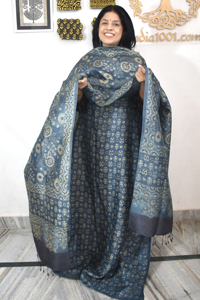 Ajrakh Hand Block printed Tussar Silk Kurta Dupatta Set