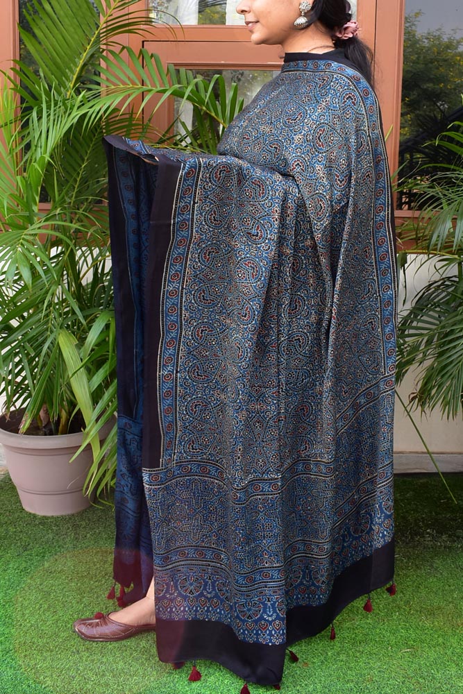 Elegant Modal Silk Ajrakh Block Print Dupatta with tassels