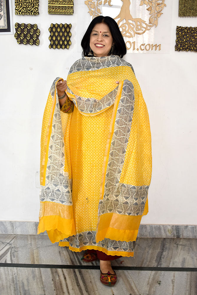 Beautiful Hand Block Printed Maheshwari Silk Cotton Unstitched suit fabric with madhubani art motifs