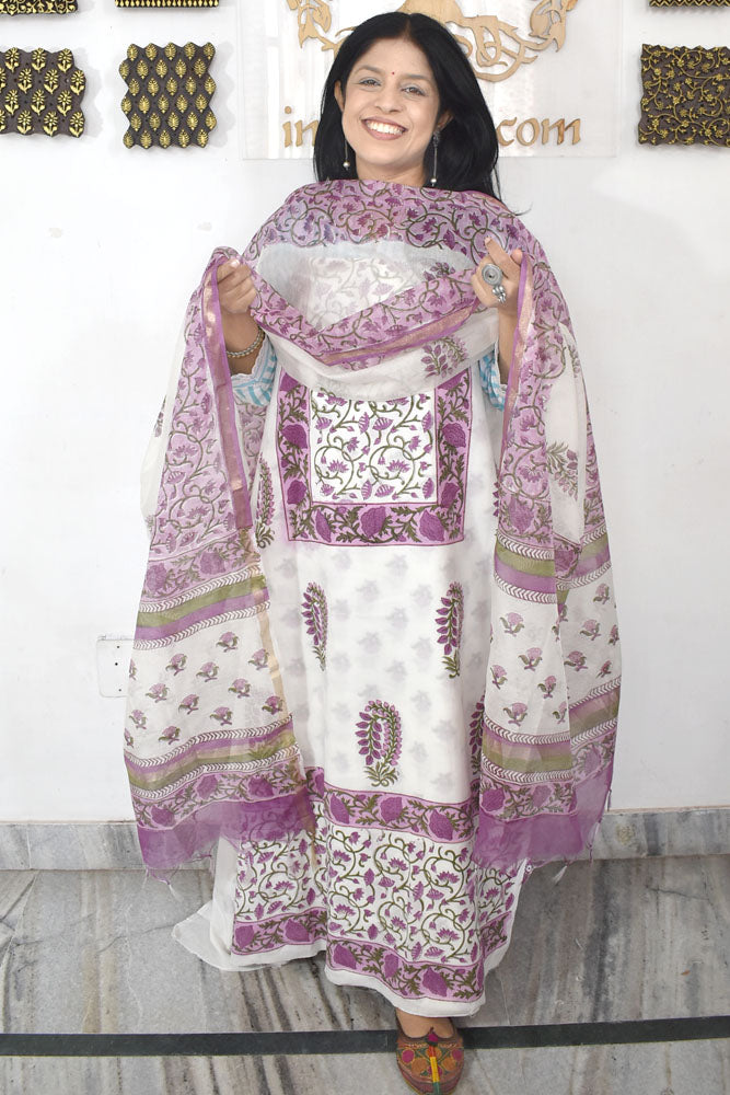 Designer Hand Block Print Cotton suit with Chanderi dupatta