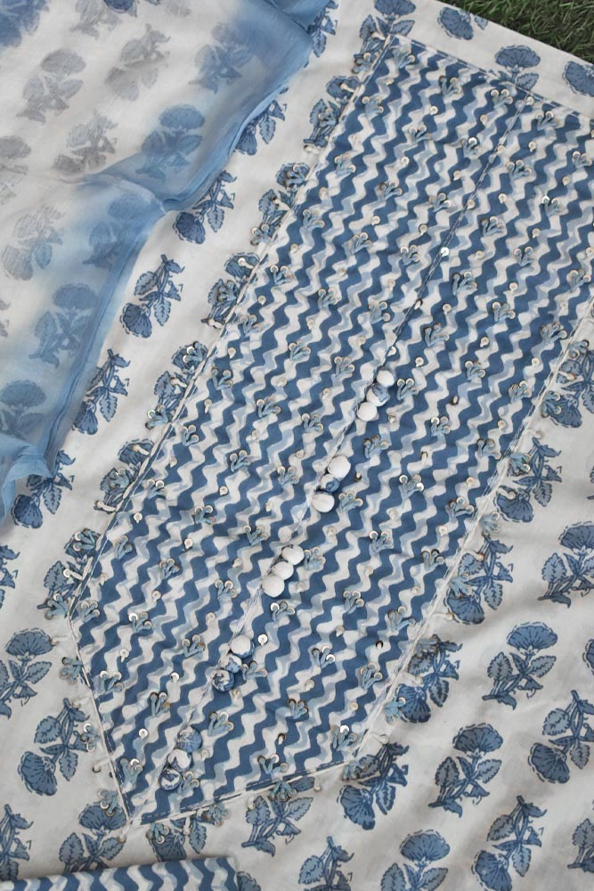 Beautiful Cotton Unstitched Suit with Neck patch, Intricate Hand Embroidery & Block print chiffon dupatta