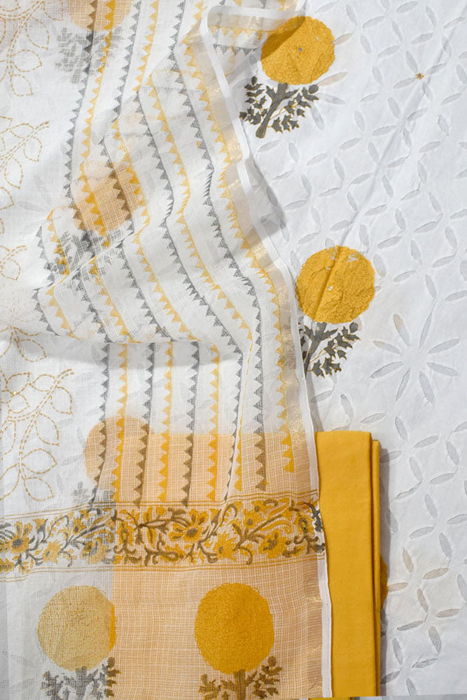Beautiful Hand Block Printed Cotton Unstitched Suit Fabric with Applique & Kota dupatta With Cotton bottom