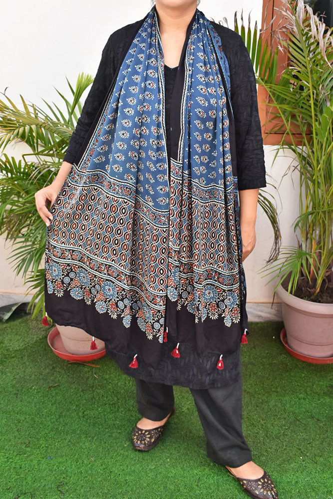 Beautiful Hand Block Printed Ajrakh Modal Silk stole with Tassels