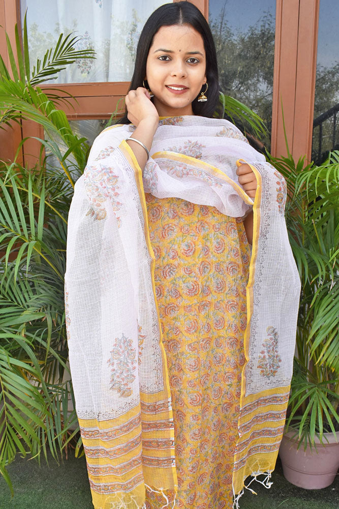 Beautiful Kota Doria cotton suit with Block print