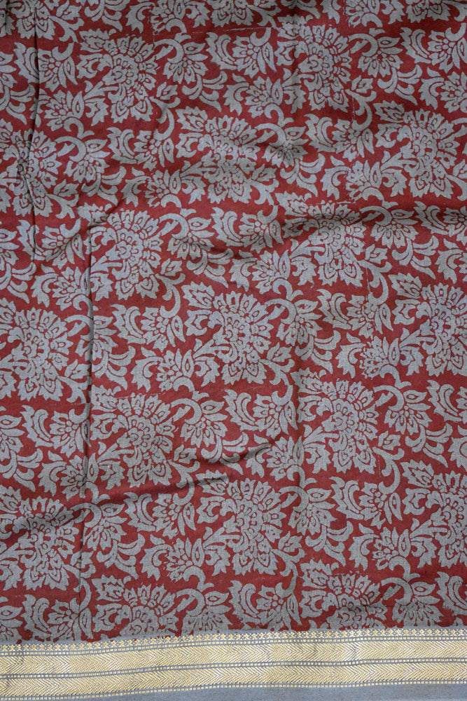 Bagh Hand Block Printed unstitched 3 pcs Handwoven Maheshwari suit fabric with Zari borders & Lagdi ( zari palla )