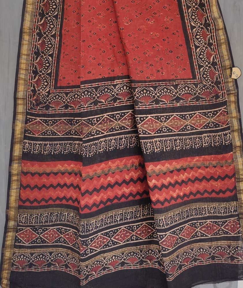 Elegant & Earthy Hand Block Printed Dabu Ajrakh Maheshwari Saree