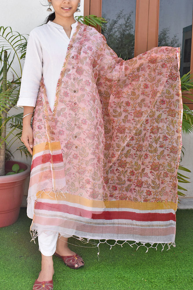 Hand Block Printed Kota Cotton Dupatta with zari border