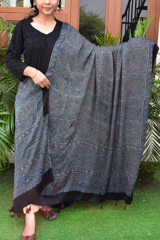 Elegant Modal Silk Ajrakh Block Print Dupatta with tassels