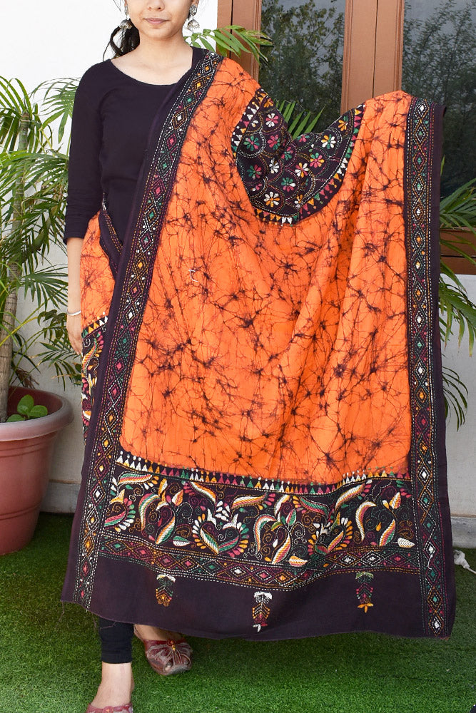 Handcrafted & Handembroidered Cotton Dupatta with Bengal Kantha & Batik work
