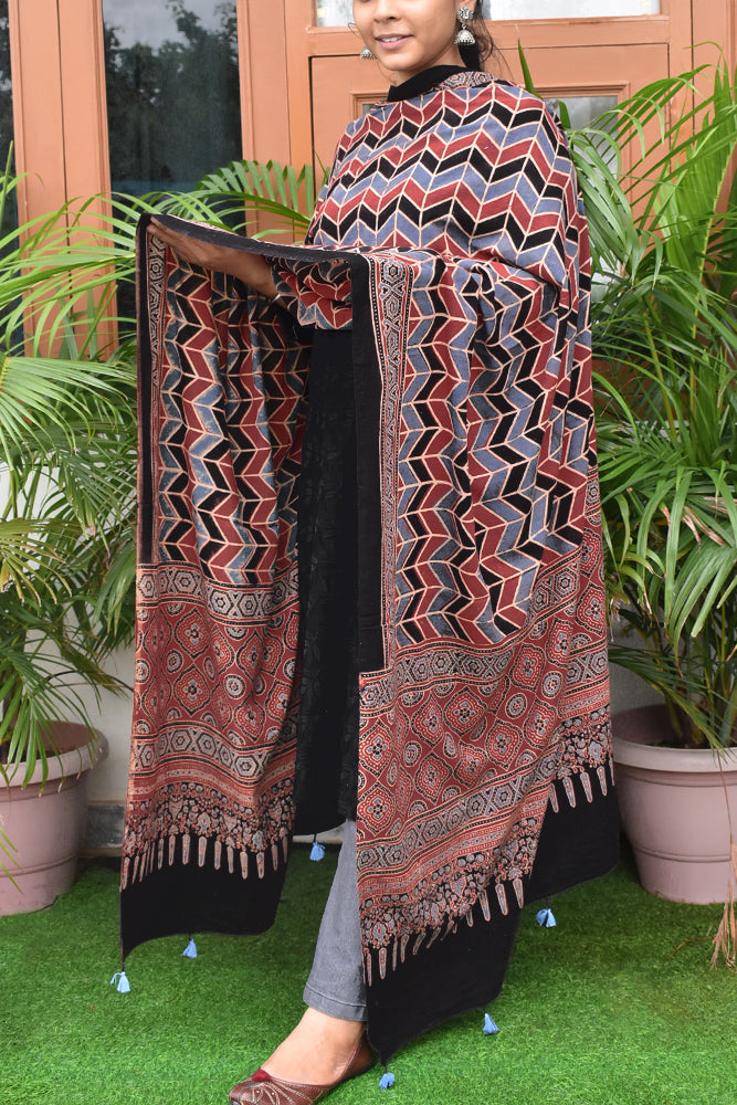 Ajrakh Hand Block Printed Cotton Dupatta with Tassels with natural dyes