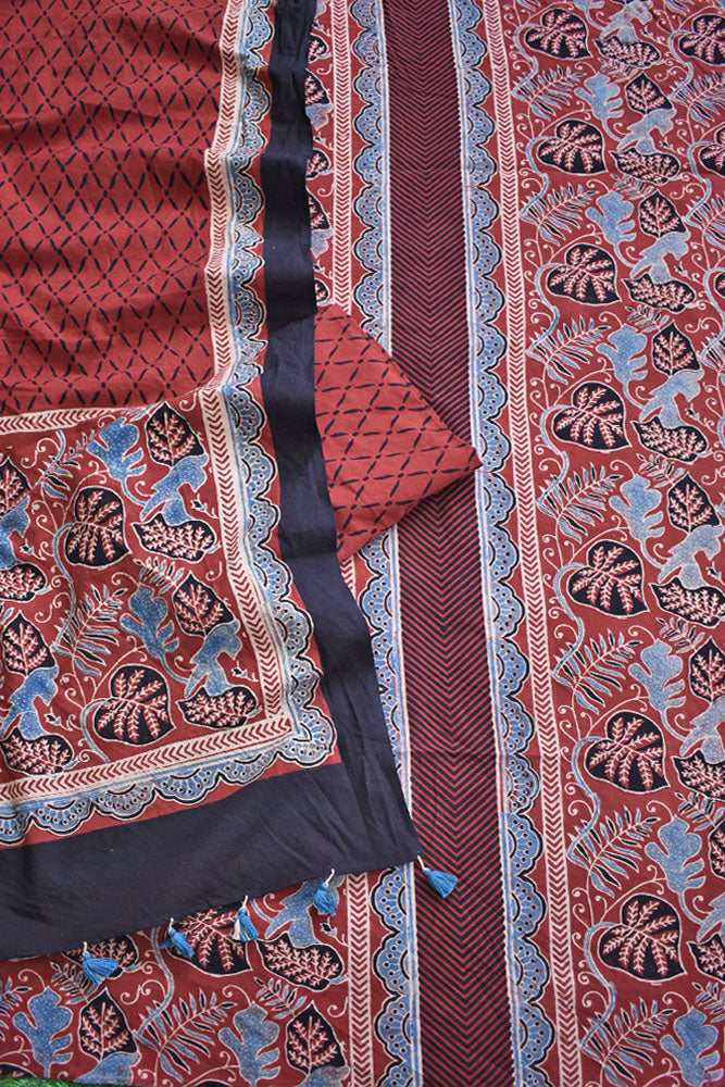 Block Print Ajrakh Cotton Suit with designer Ajrakh neck yoke /panel & Stole