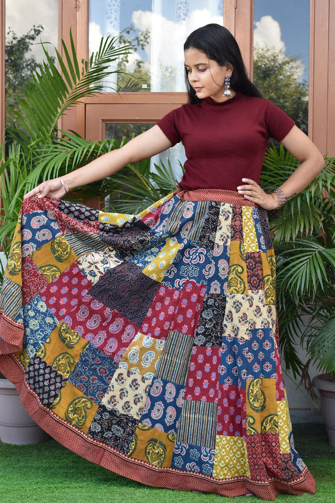 Beautiful Ajrakh Hand Block Printed Patch Work Cotton Long Skirt with Stitched borders