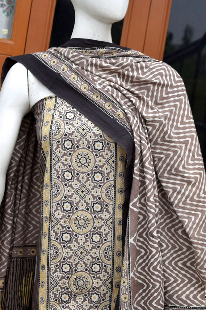 Hand Block Print Ajrakh Cotton Suit with designer Ajrakh neck yoke pattern