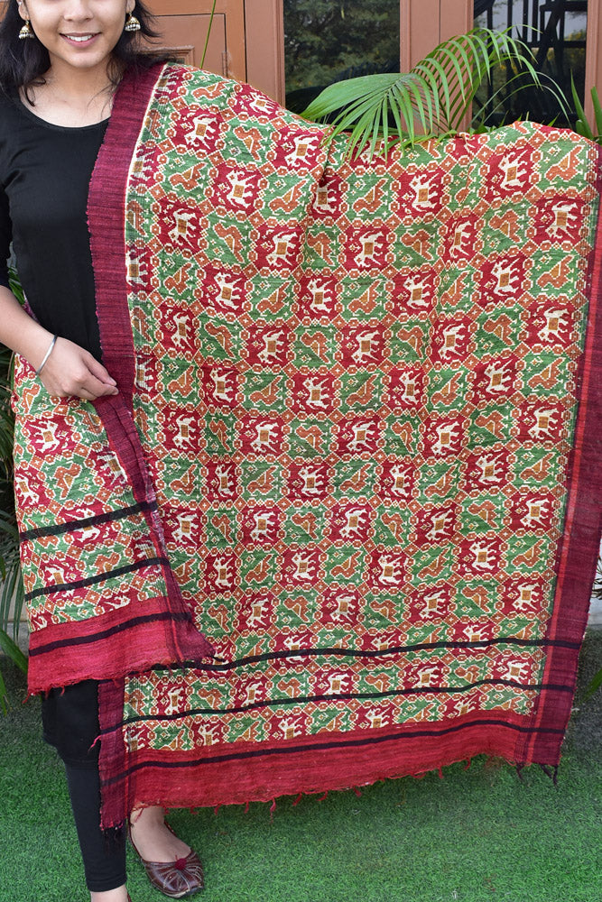 Geecha Silk Dupatta with Hand Block print with patola inspired print
