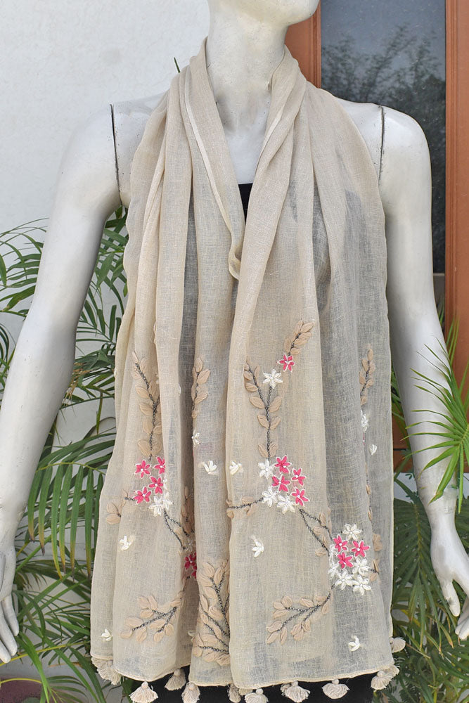 Beautiful Linen Stole with hand embroidery, embellishments & tassels