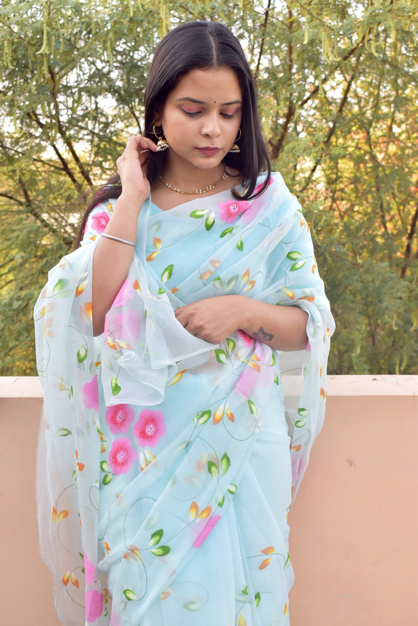 Prakriti : Beautiful Chiffon Saree with Hand Painted Floral Motifs