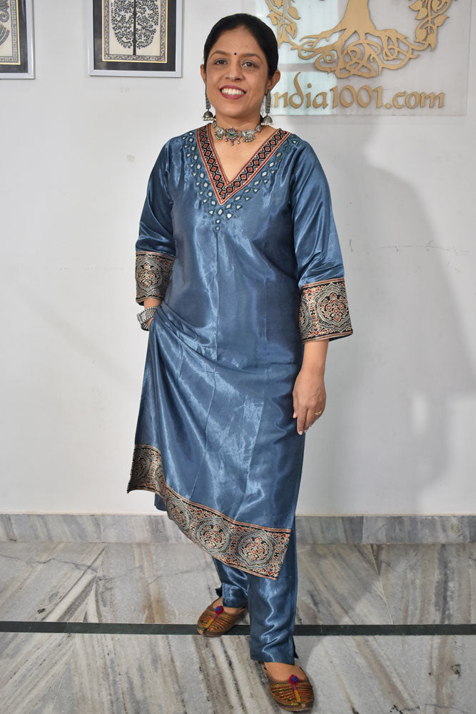 Beautiful Mashru Silk Kurta with Ajrakh patch Kutch & mirror work size with Mashru pant - 38 - 46