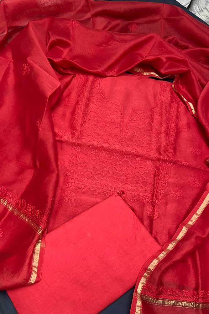 Elegant Chanderi silk Cotton Kurta & Dupatta with Chikankari Embroidery work & cotton bottom - 3 pc set