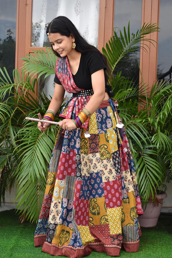 Beautiful Ajrakh Hand Block Printed Patch Work Cotton Long Skirt with Stitched borders