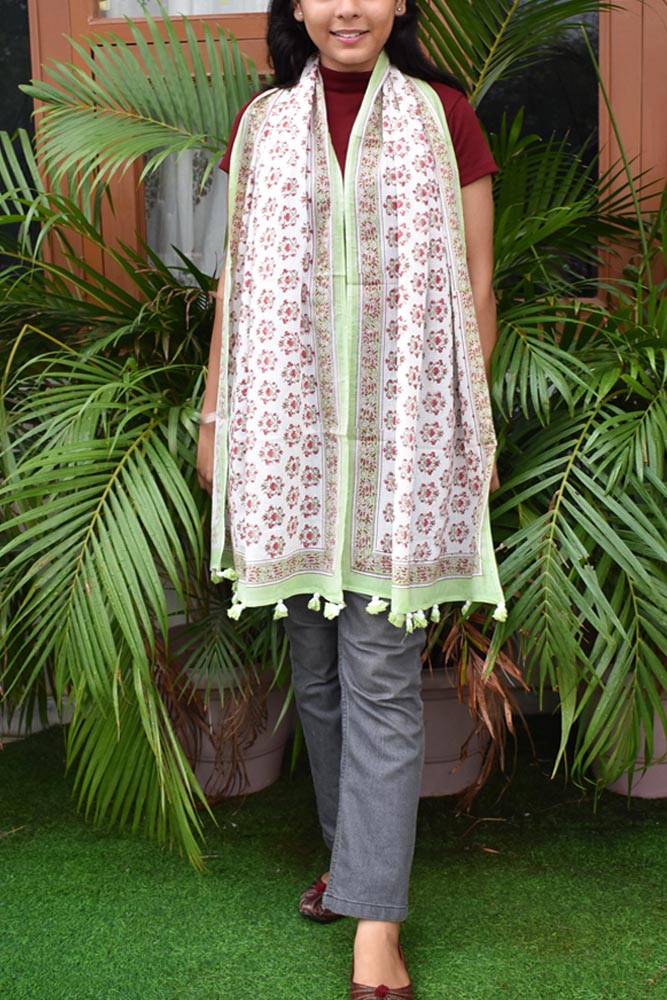 Elegant Hand block printed Cotton stole with cloth tassels