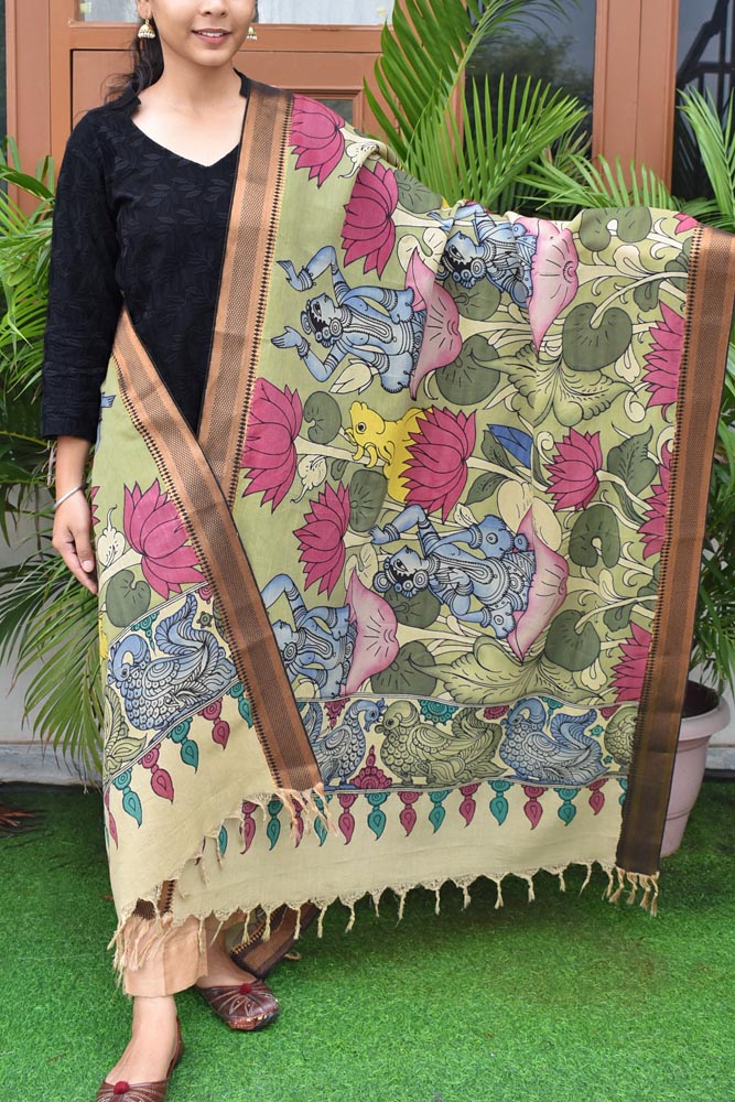 Beautiful Bangalore Cotton Silk Pen Kalamkari Dupatta