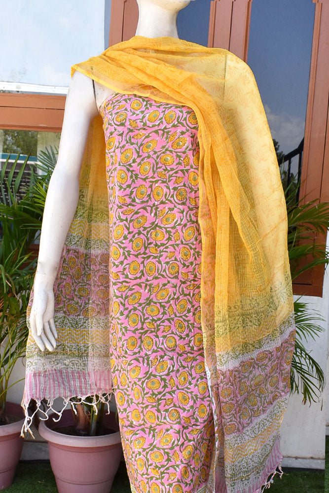 Beautiful Hand Block Printed Cotton unstitched suit fabric with Kota Doria Dupatta