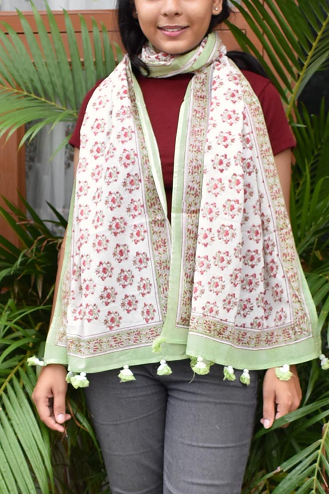 Elegant Hand block printed Cotton stole with cloth tassels