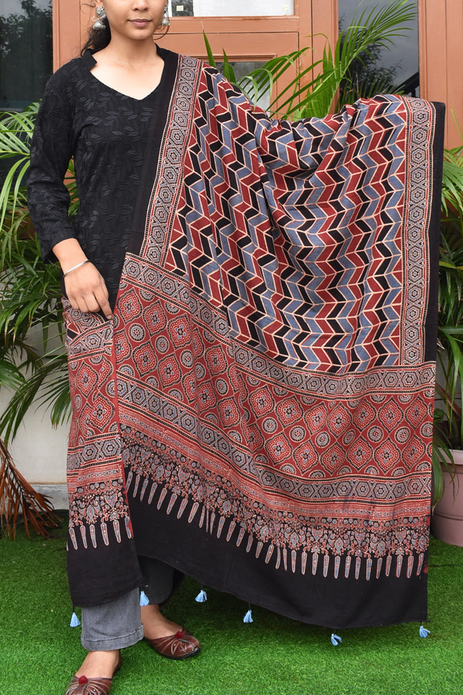 Ajrakh Hand Block Printed Cotton Dupatta with Tassels with natural dyes