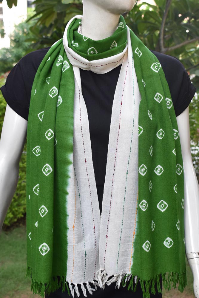 Hand woven Kutch Merino Wool Stole with Shibori Dye & Hand Embroidery