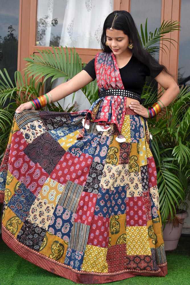 Beautiful Ajrakh Hand Block Printed Patch Work Cotton Long Skirt with Stitched borders