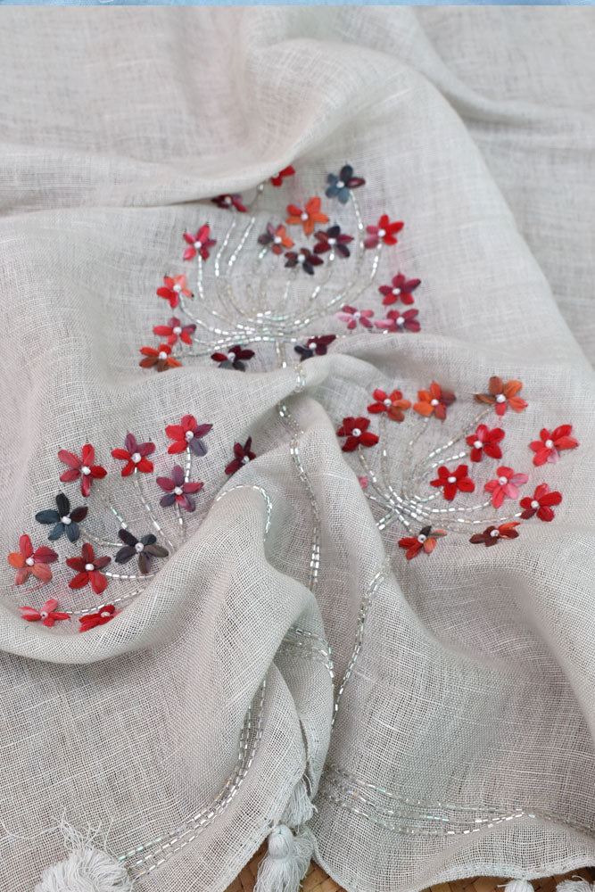 Beautiful Linen Stole with hand embroidery, embellishments & tassels