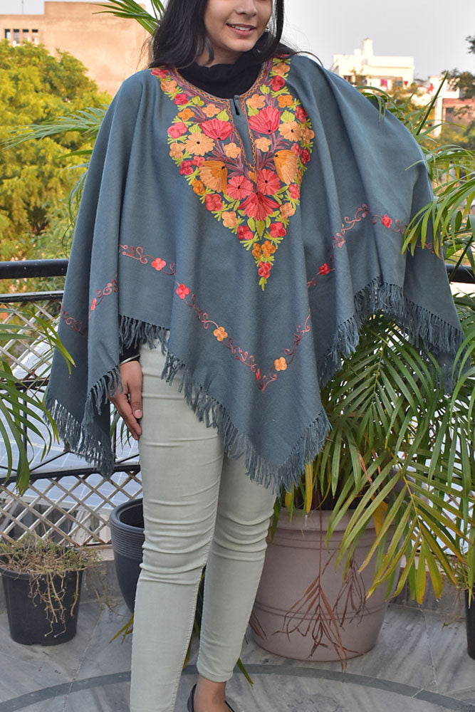 Woollen Poncho / Cape with Intricate Aari Thread Embroidery - Free Size