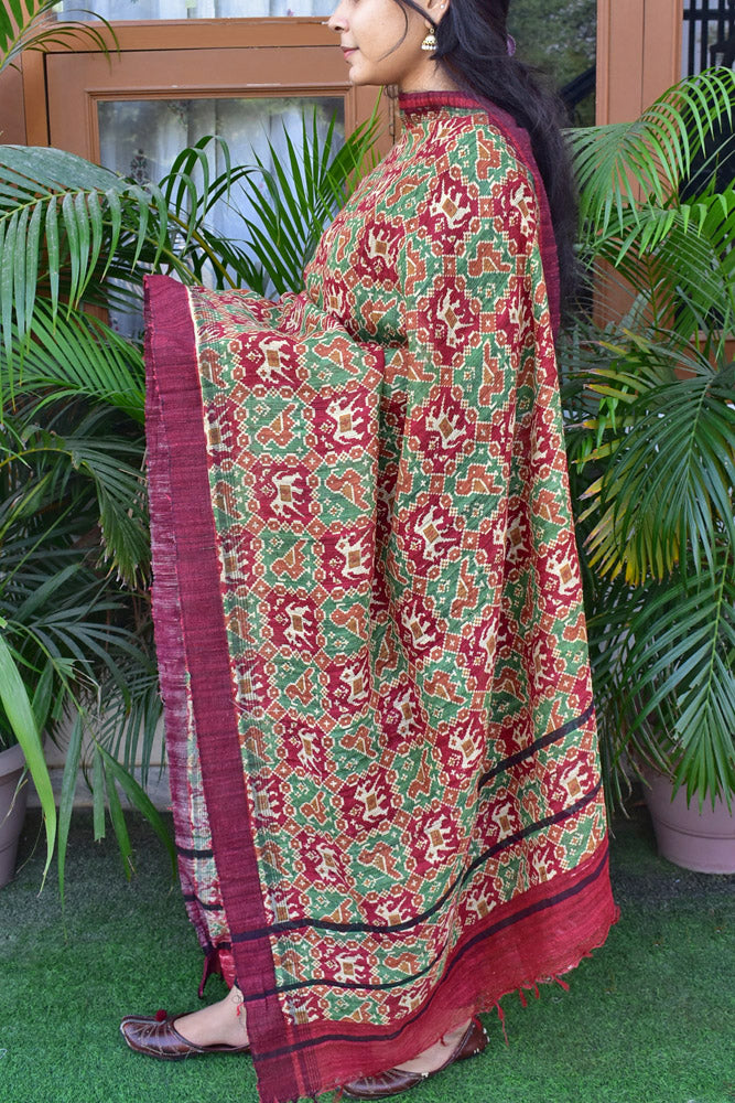 Geecha Silk Dupatta with Hand Block print with patola inspired print