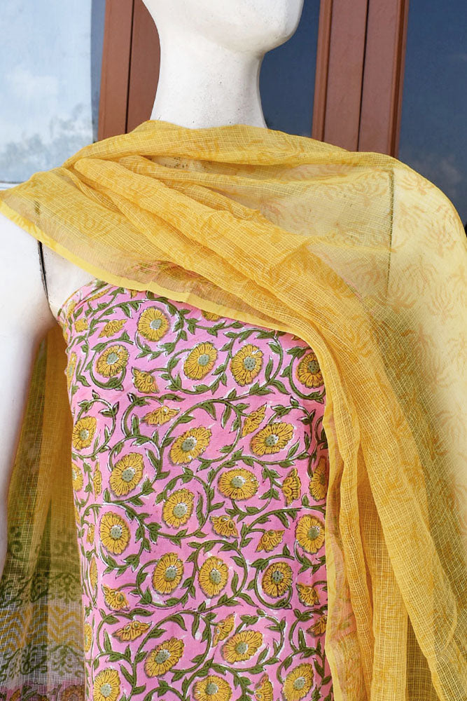 Beautiful Hand Block Printed Cotton unstitched suit fabric with Kota Doria Dupatta
