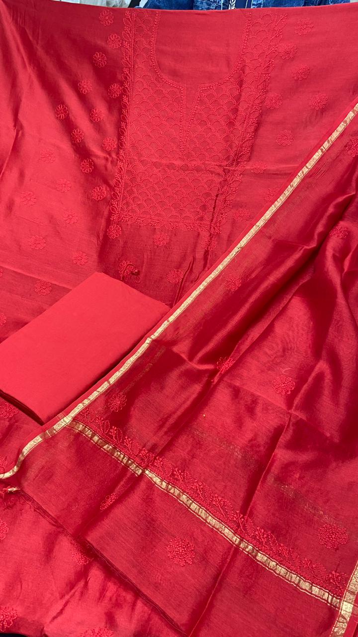 Elegant Chanderi silk Cotton Kurta & Dupatta with Chikankari Embroidery work & cotton bottom - 3 pc set