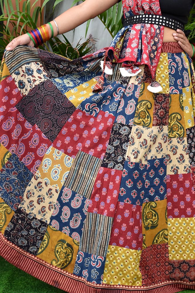 Beautiful Ajrakh Hand Block Printed Patch Work Cotton Long Skirt with Stitched borders