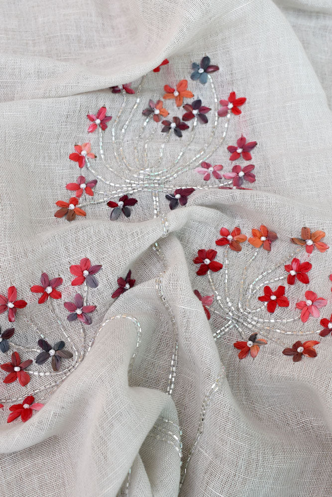 Beautiful Linen Stole with hand embroidery, embellishments & tassels