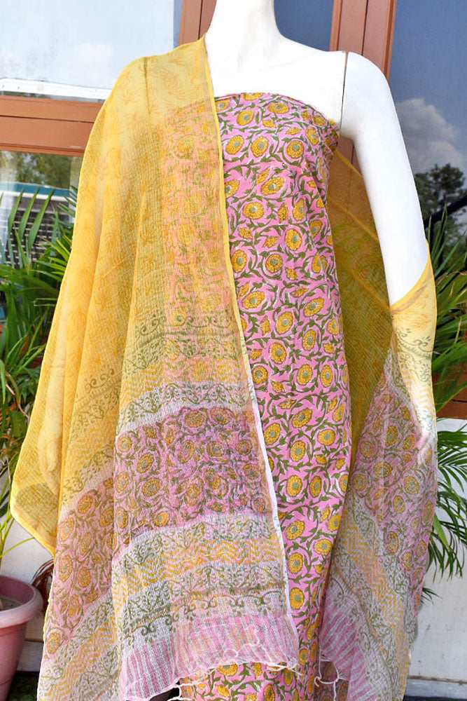 Beautiful Hand Block Printed Cotton unstitched suit fabric with Kota Doria Dupatta