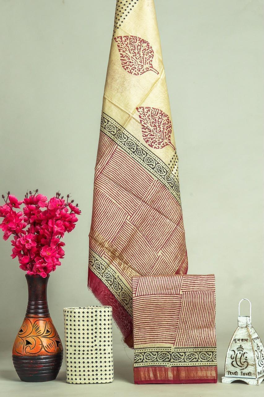 Beautiful Hand Block Printed Maheshwari Silk Cotton Unstitched suit fabric - 3 pc set