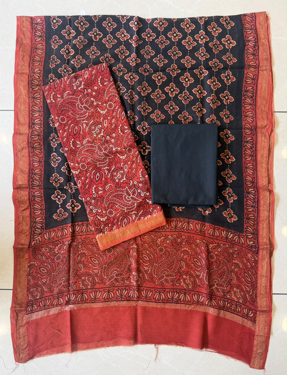 Beautiful Hand Block Printed Maheshwari Silk Cotton Unstitched suit fabric - 3 pc set